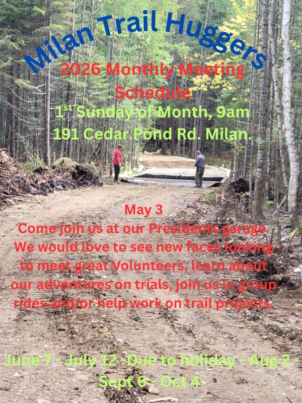 Milan Trail Huggers announce 2026 monthly meetings for trail activities and volunteer opportunities.