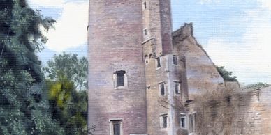 Caister Castle, acrylic detailed painting with tree and hydrangea in the foreground and blue sky.