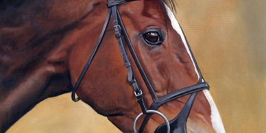 Kauto Star the race horse, an acrylic profile portrait with harness and plain sandy background.