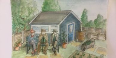 Watercolour painting of 3 old men sitting on a bench in front of a shed contemplating their plants.