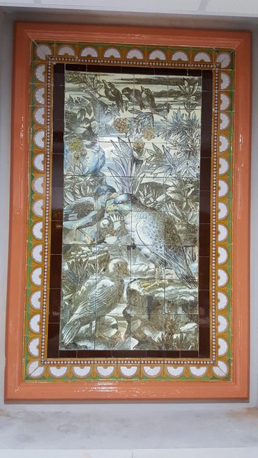 Original picture tile of birds restored to former glory and in Great Yarmouth cinema foyer.