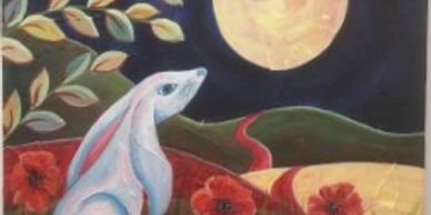 Colourful painting of a Moon gazing hare in a poppy field with a full moon and foliage overhead.