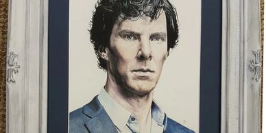 Benedict Cumberbatch as Sherlock Holmes, a detailed coloured pencil portrait.
