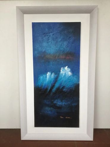 Large abstract blue painting framed by The Painters Palette with a white mount and frame.