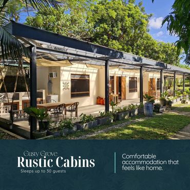 Rustic cabins with cozy outdoor seating and lush greenery under a bright blue sky.