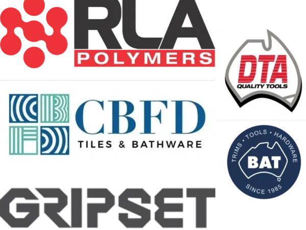 A collage of logos from various companies including RLA Polymers, DTA Quality Tools, CBFD Tiles & Bathware, BAT, and Gripset.