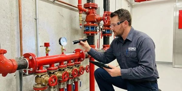 Technician inspecting fire protection system with flashlight.