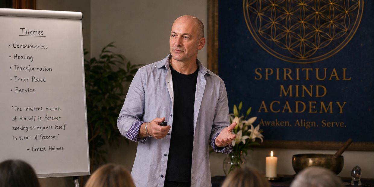 Man giving a spiritual lecture in front of a whiteboard and academy banner.