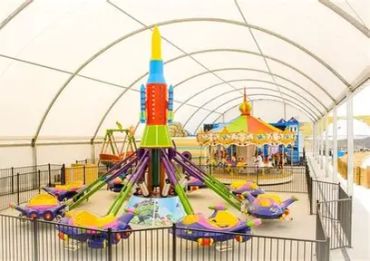 Indoor children's amusement ride with rocket theme.