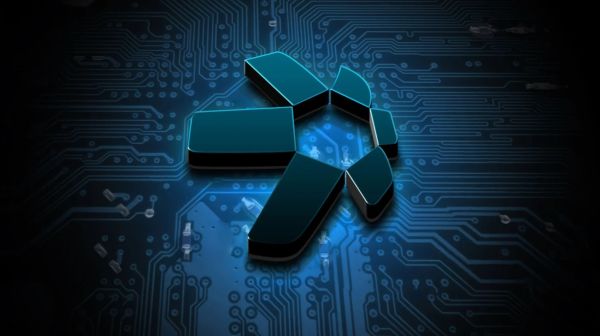 3D blue pentagon-shaped design on a circuit board background.