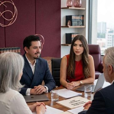 Abogados de ARCEVI Legal en reunión con clientes brindando asesoría familiar