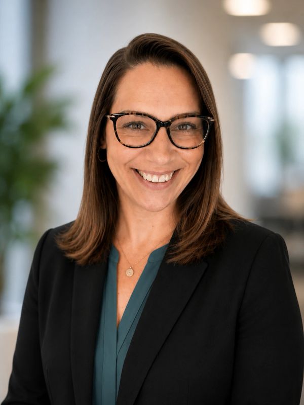 Professional woman wearing glasses and a blazer smiling.