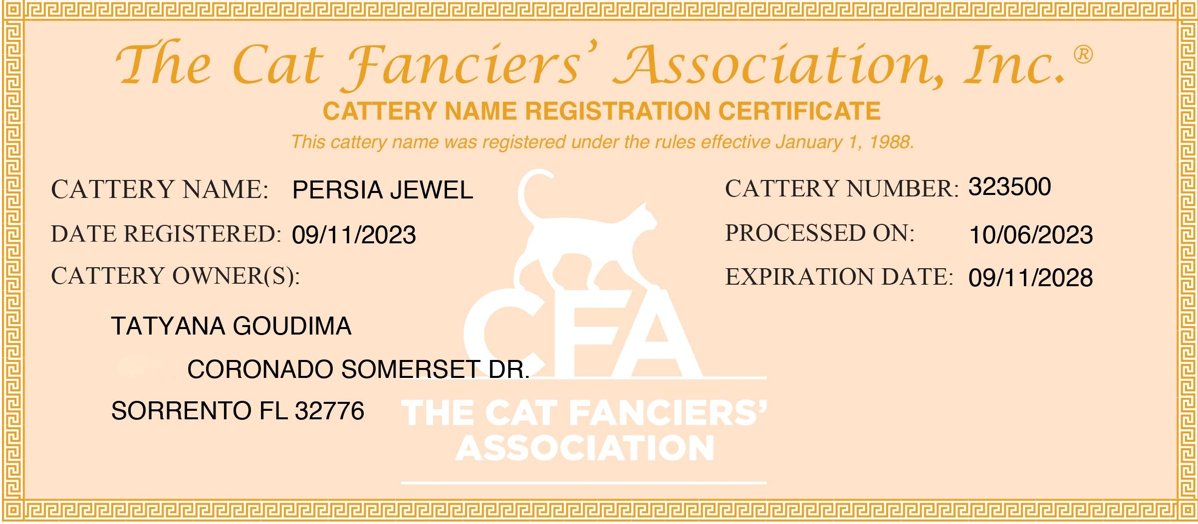 Certificate for cattery name Persia Jewel registered by The Cat Fanciers' Association.