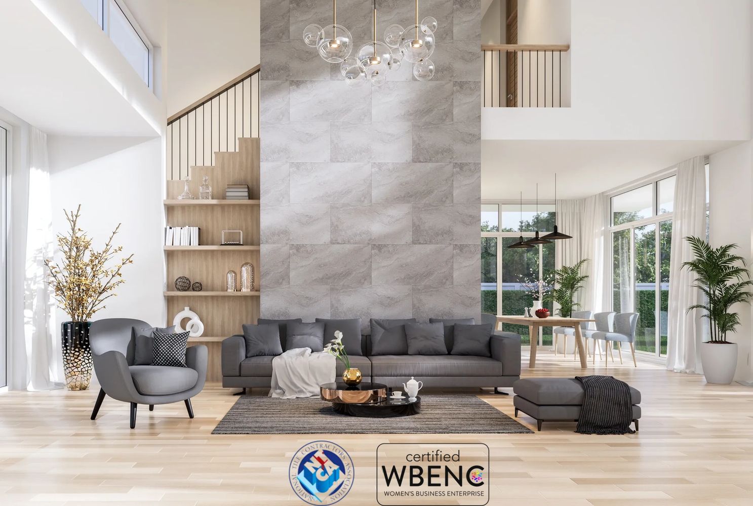 Modern living room with gray furniture and large windows.