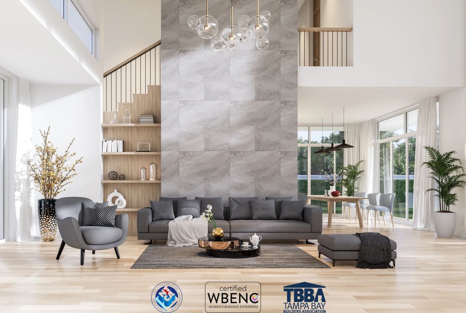 Modern living room with gray furniture and large windows.
