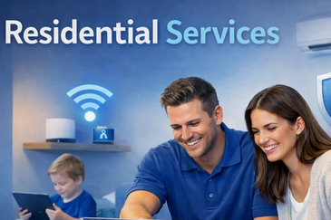 Happy couple using smart home residential services.