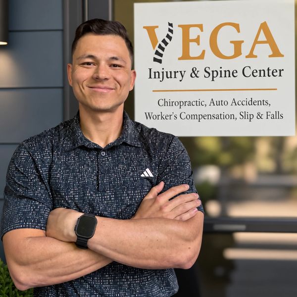 Man smiling with arms crossed in front of a spine center sign.