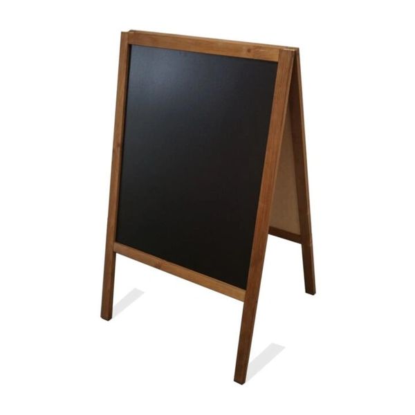 Wooden-framed A-frame chalkboard sign with blank black surface.
