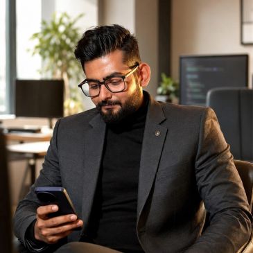 Man in glasses looking at phone in office.