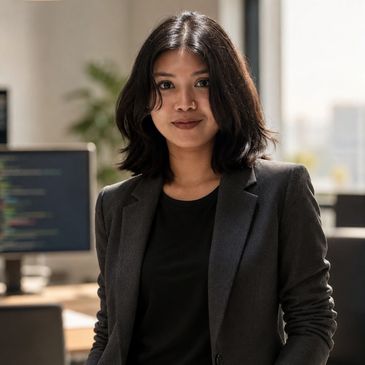 Young woman with dark hair in a blazer, smiling confidently indoors.