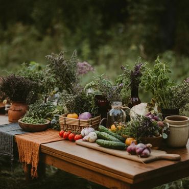 Fresh herbs and vegetables arranged on a rustic wooden table outdoors.