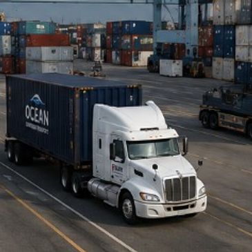 White semi-truck hauling a blue Ocean shipping container in a busy port.