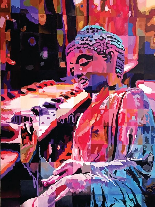 Colorful abstract painting of Buddha in meditative pose with vibrant blocks of red, pink, blue, and purple.