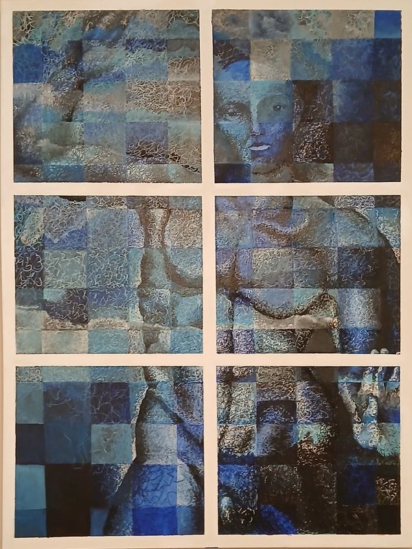 Abstract blue-toned mosaic artwork depicting a human figure in six panels.
