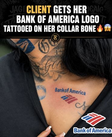 Woman with Bank of America logo tattoo on her collar bone.