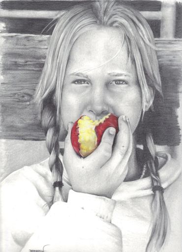 Black and white drawing of a girl with braided hair eating a colored apple.
