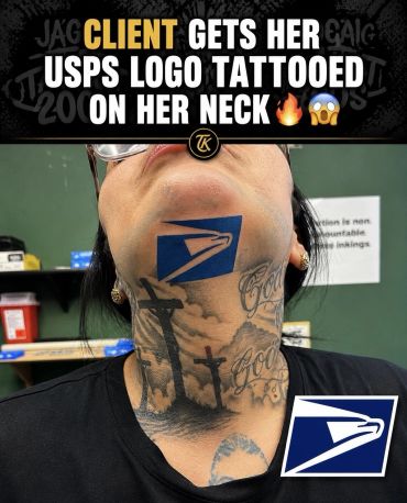 Woman with USPS logo tattoo on her neck.