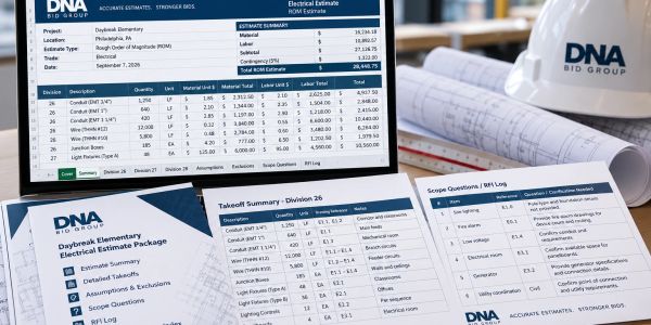 Electrical estimate documents and laptop screen for Daybreak Elementary project.