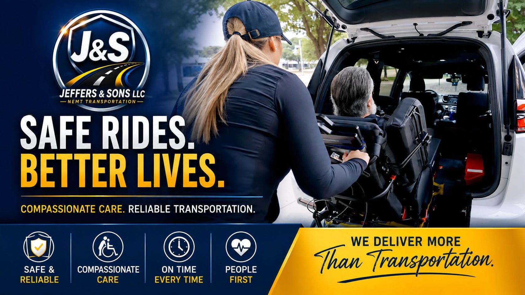 Caregiver assisting elderly man in wheelchair into vehicle for safe transportation.