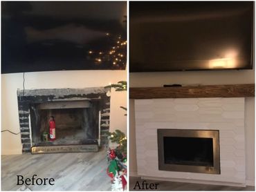 Upgraded wood fireplace to new insert and tile face and custom made wood mantel.