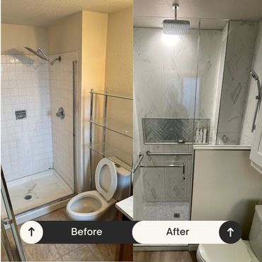 Bathroom and shower remodel with floor to ceiling tile & niche. New overhead and handheld fixtures.