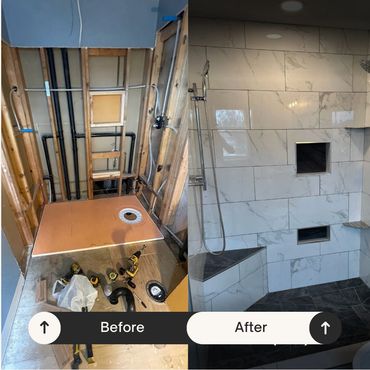 Brand new floor-to-ceiling tiled shower with sitting bench and dual side shower heads.