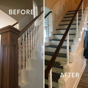 Images of staircase upgrade with new treads, ipe wood handrail and metal cable railings.