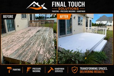Before and after photos of a wooden deck refinished with fresh white paint.