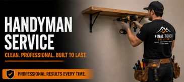 A handyman installing a wooden shelf with power tools, advertising professional services.