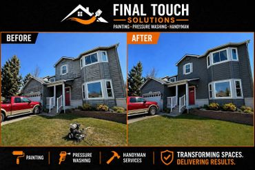 Before and after house exterior cleaning and painting by Final Touch Solutions.