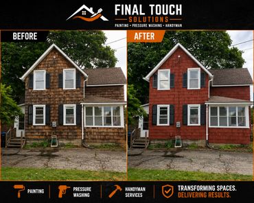 Before and after painting transformation of a house exterior by Final Touch Solutions.