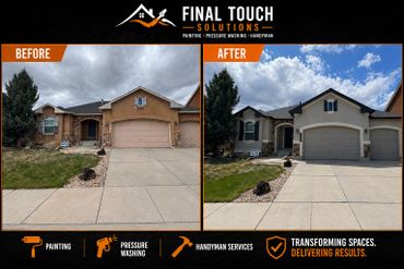 Before and after images showing exterior house painting and renovation by Final Touch Solutions.