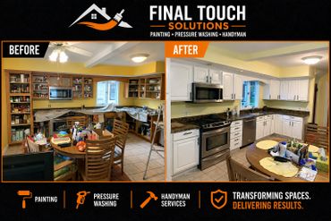 Kitchen renovation showing before with wooden cabinets and after with white cabinets and stainless steel appliances.