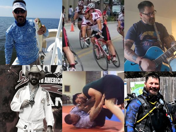 Collage of a man enjoying fishing, cycling, playing guitar, martial arts, jiu-jitsu, and scuba diving.