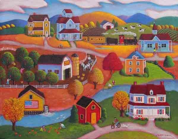 Colorful painting of a lively rural village with houses, farm animals, and people.
