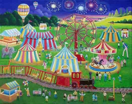 Colorful circus scene with tents, Ferris wheel, carousel, and hot air balloons at night.