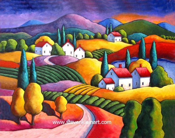 Colorful landscape painting of hills, houses, and trees under a vibrant sky.