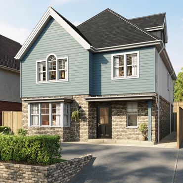 Modern two-story house with blue siding and brick accents.