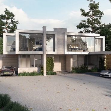 Modern two-story house with large windows and luxury cars parked outside.