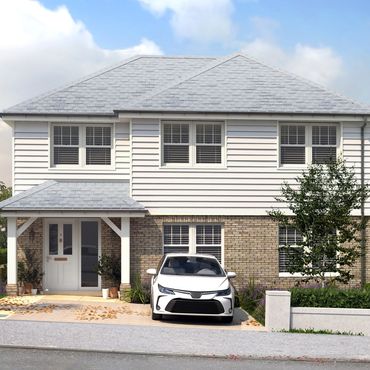 Modern two-story house with a white car parked in the driveway.